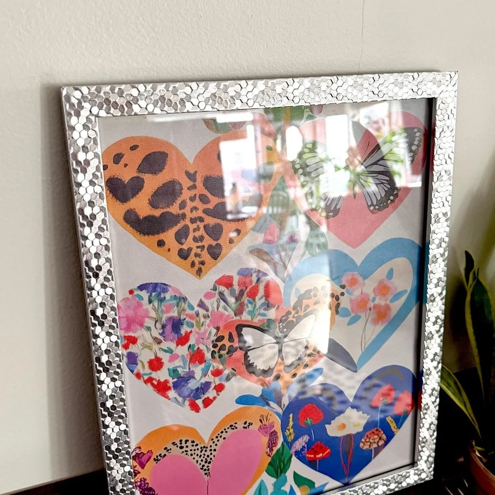 Heart Floral Butterfly Maximalist Canvas Art Print Silver Framed Wall Hang Art